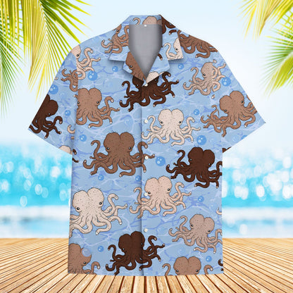 Matching family hawaiian shirts with a nautical funny octopus design in light blue, main view