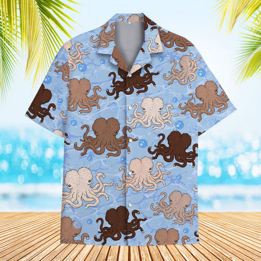 Matching family hawaiian shirts with a nautical funny octopus design in light blue, main view