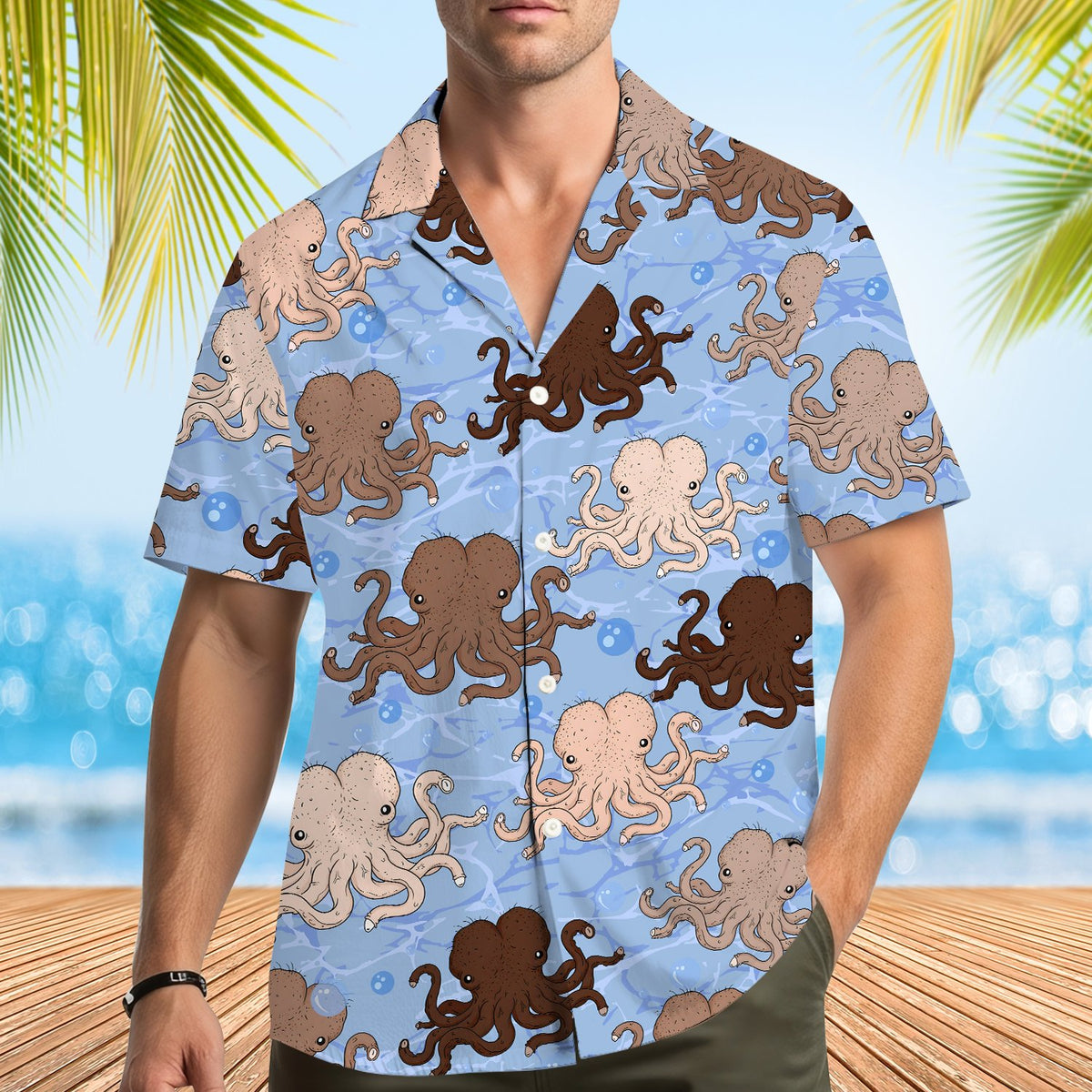 Matching family hawaiian shirts with a nautical funny octopus design in light blue, lifestyle second view