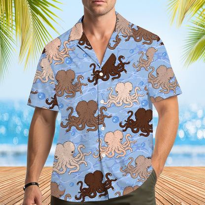 Matching family hawaiian shirts with a nautical funny octopus design in light blue, lifestyle second view