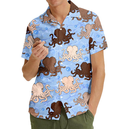 Matching family hawaiian shirts with a nautical funny octopus design in light blue, lifestyle third view
