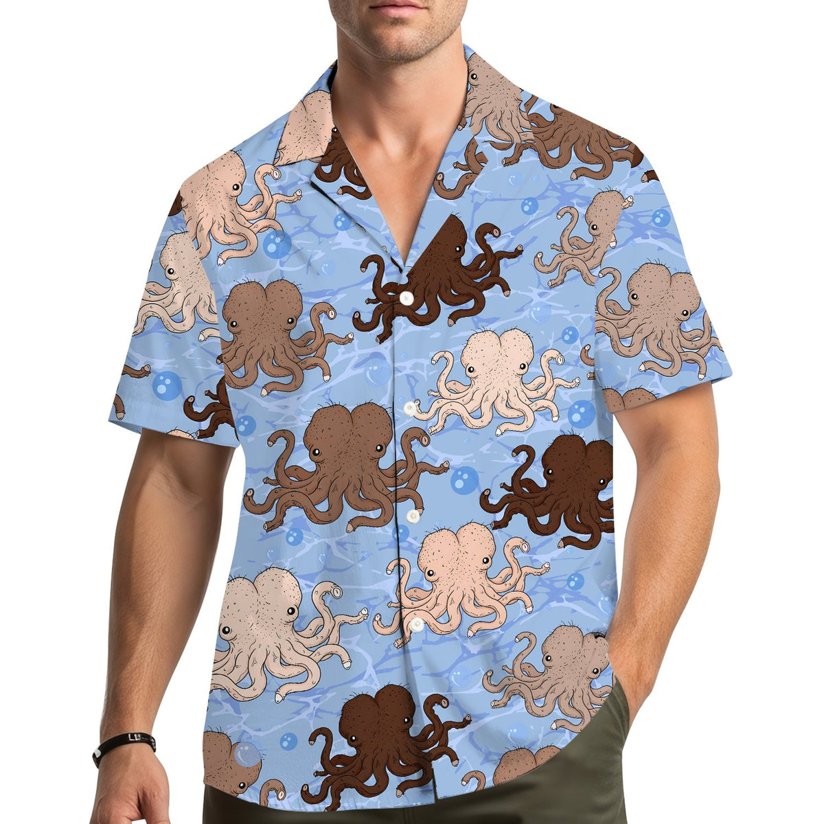Matching family hawaiian shirts with a nautical funny octopus design in light blue, lifestyle view
