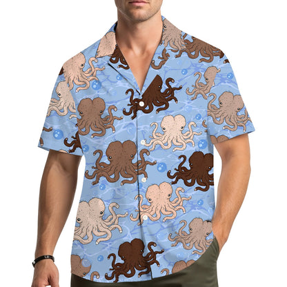 Matching family hawaiian shirts with a nautical funny octopus design in light blue, lifestyle view