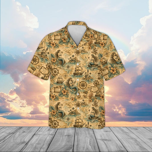 Front view of the vintage nautical mermaid hawaiian shirt featuring a tan map design with blue accents