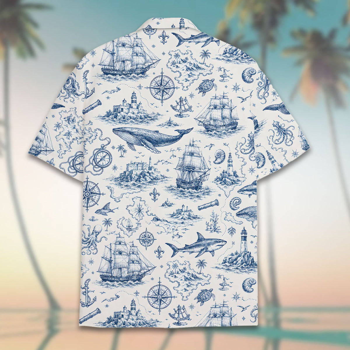 Back detail view of nautical hawaiian shirt with blue ship and anchor sketches