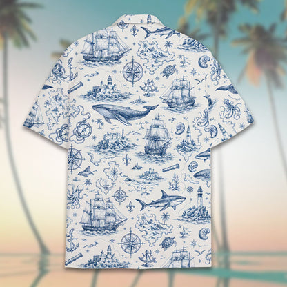 Back detail view of nautical hawaiian shirt with blue ship and anchor sketches