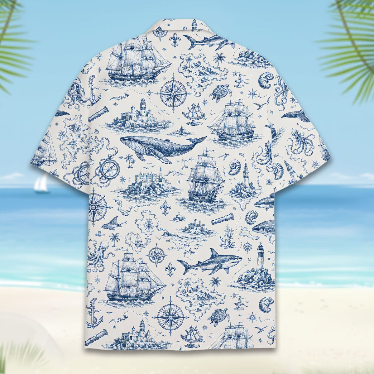 Close up back view of nautical hawaiian shirt with vintage ship pattern