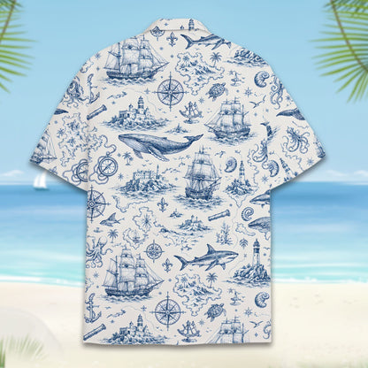 Close up back view of nautical hawaiian shirt with vintage ship pattern