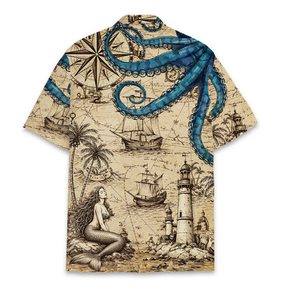 Back view of the nautical hawaiian shirt with ships and compass