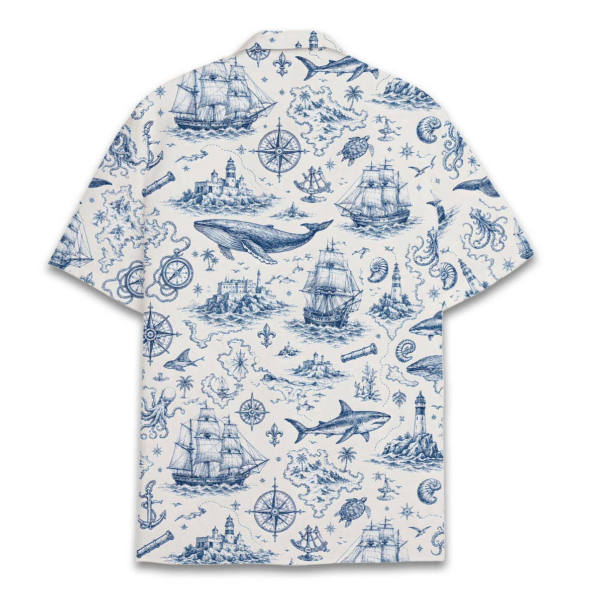 Back view of white nautical hawaiian shirt with blue sketch pattern