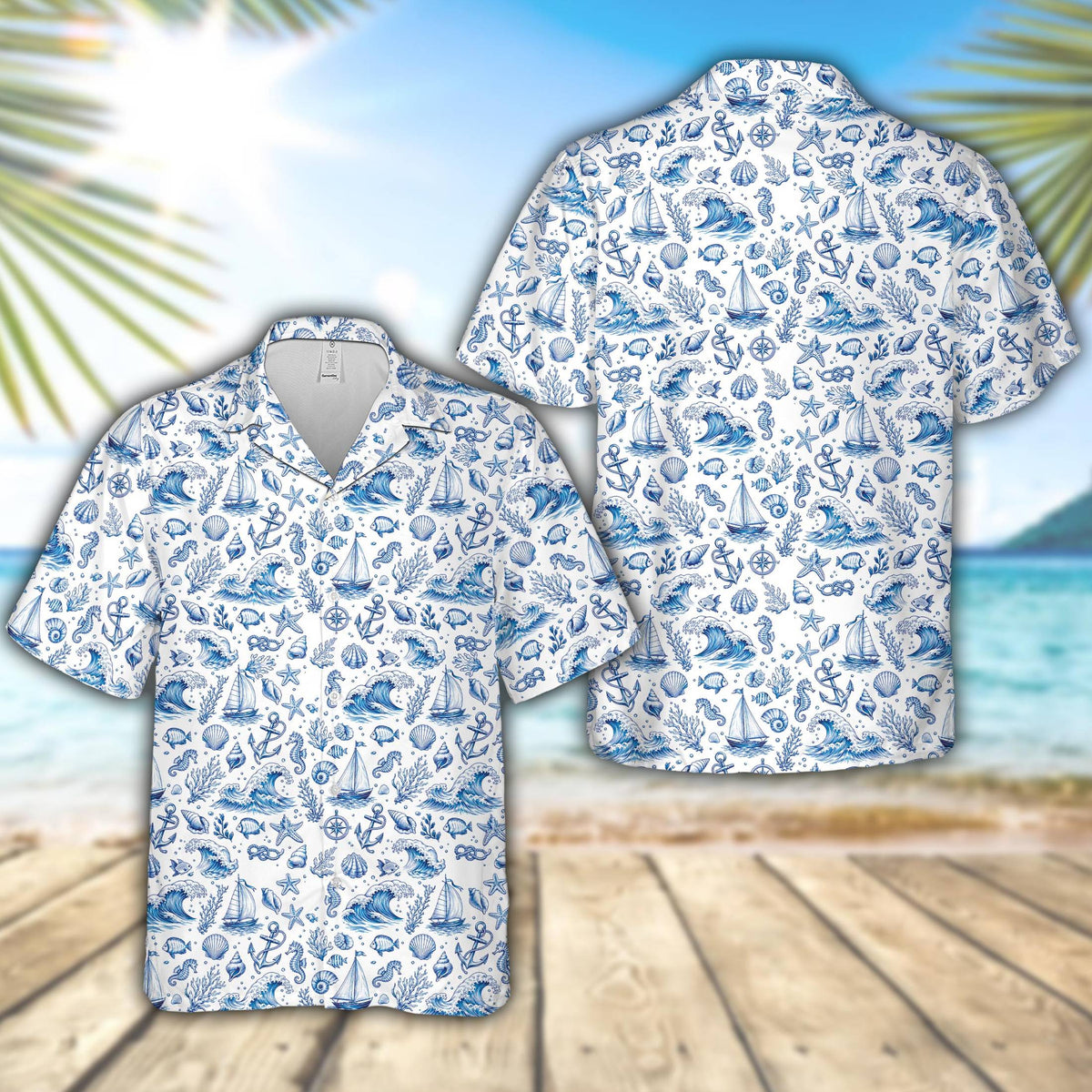Nautical hawaiian shirt featuring blue and white sailboats and anchors pattern, main view
