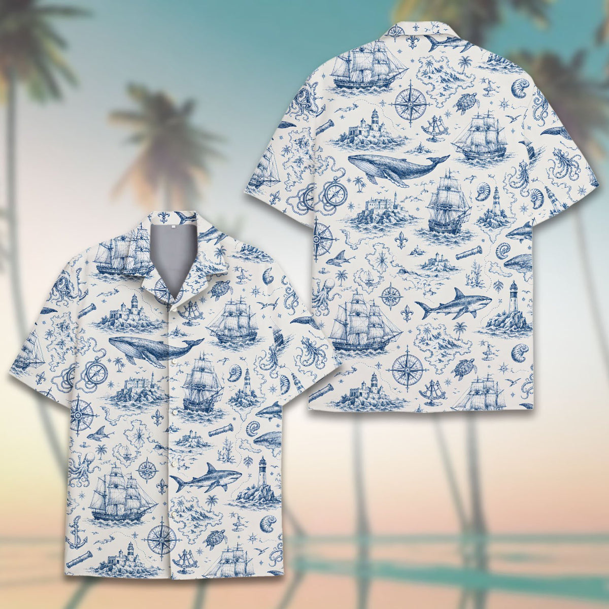 Front detail of nautical hawaiian shirt featuring vintage ships and compasses