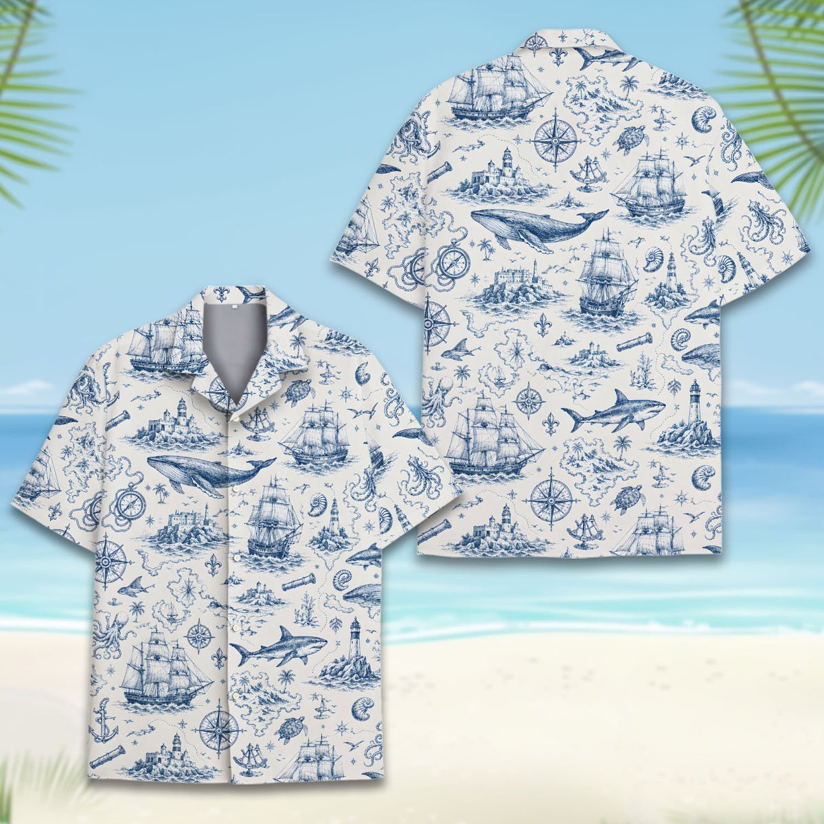 Close up front view of nautical hawaiian shirt with blue maritime sketches
