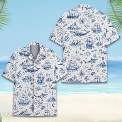 Close up front view of nautical hawaiian shirt with blue maritime sketches