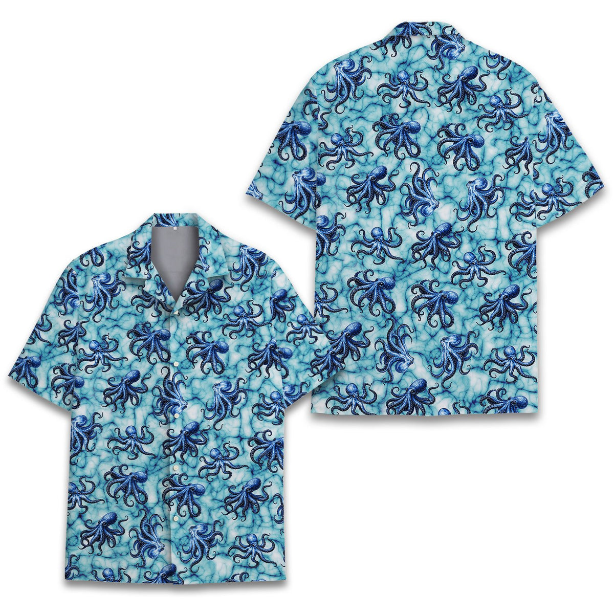 Close-up front view of the abstract blue octopus print shirt