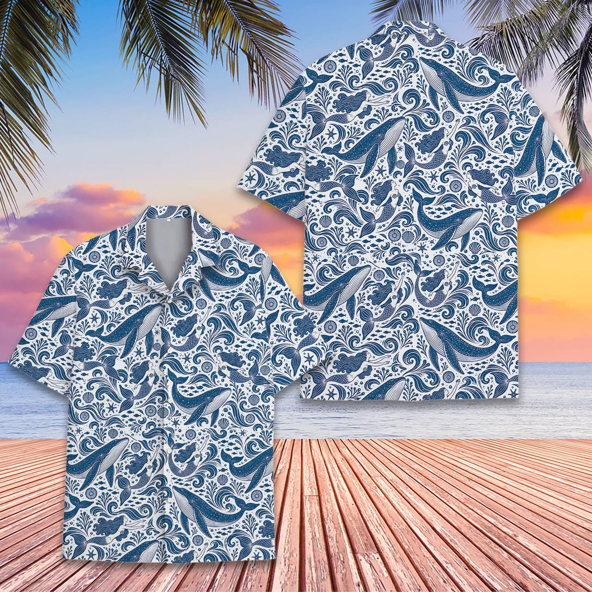 Detailed front view of matching family hawaiian shirts