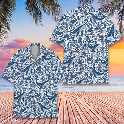 Detailed front view of matching family hawaiian shirts