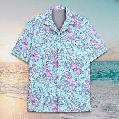Close up front view of the nautical pattern hawaiian shirt