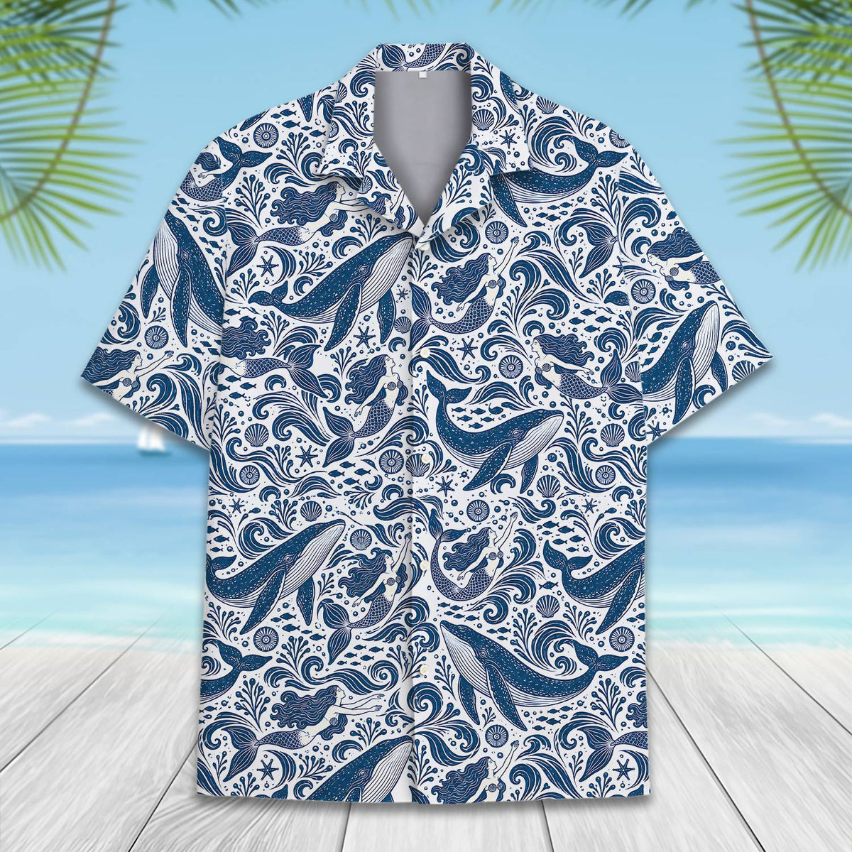 Front angle view of the nautical hawaiian shirt