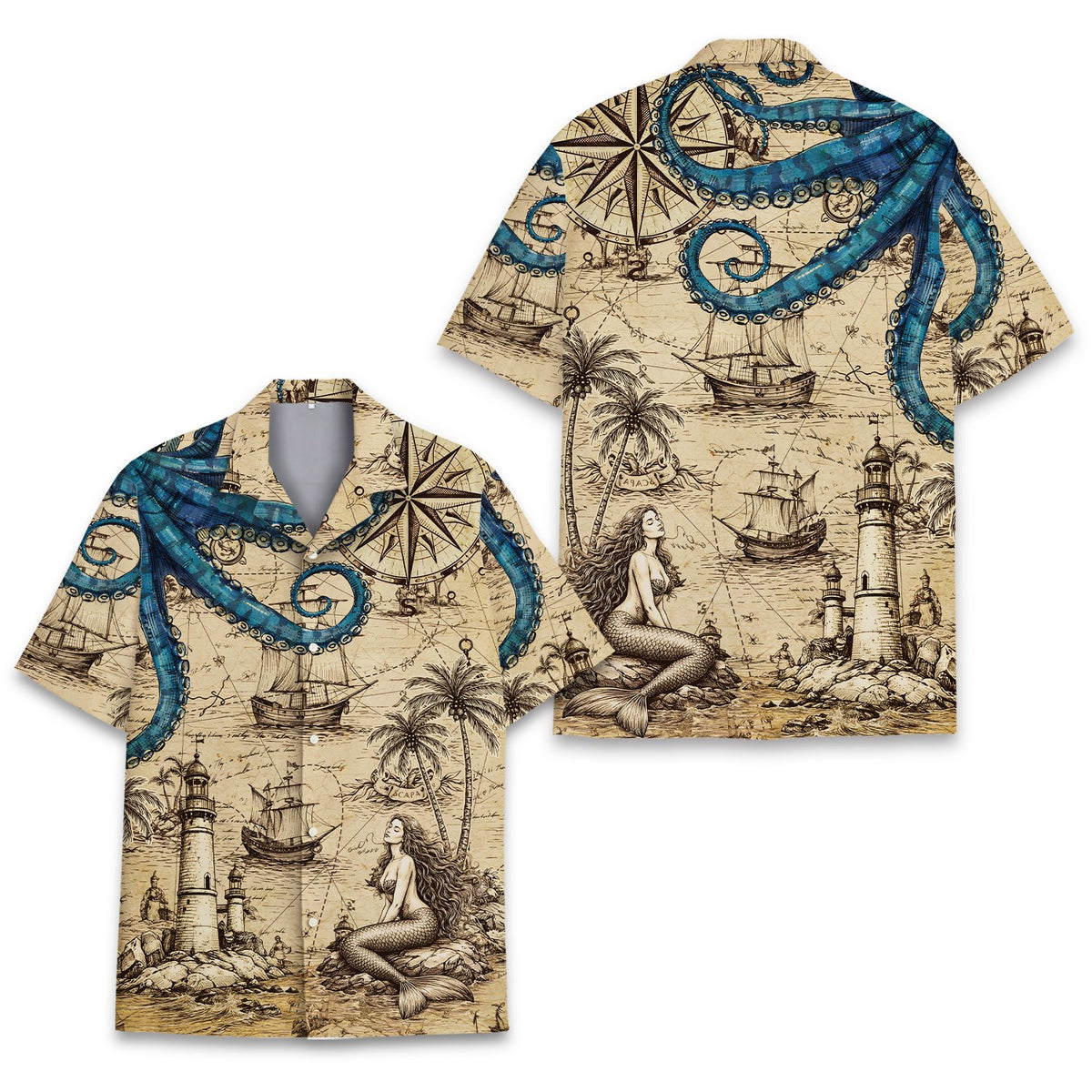 Nautical hawaiian shirt featuring a vintage map and octopus design, main view