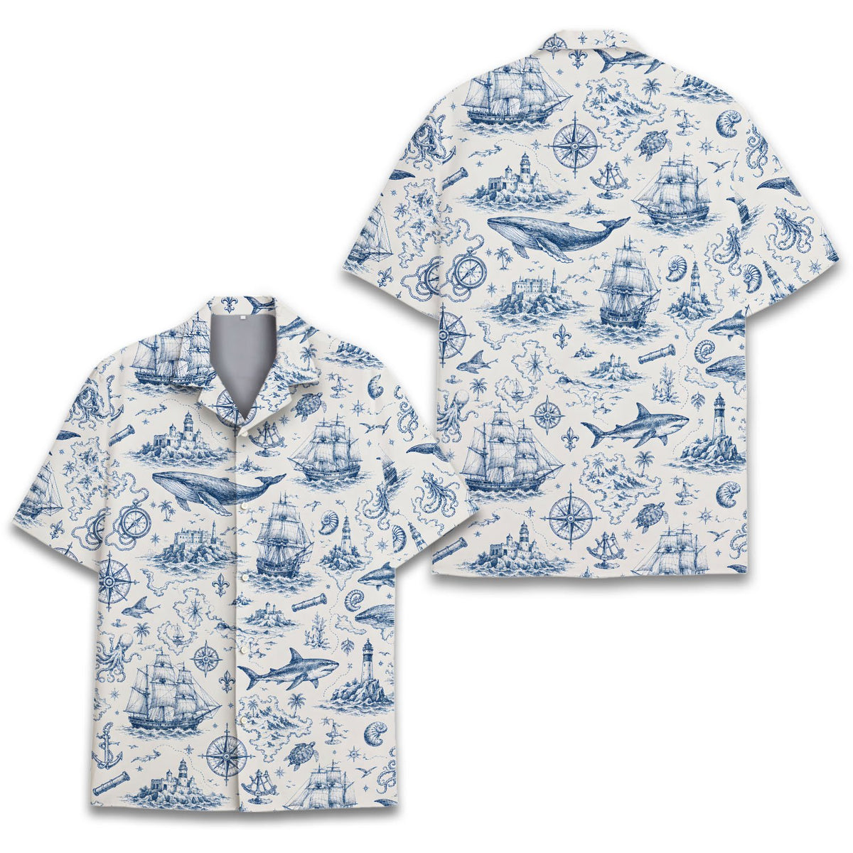 Nautical hawaiian shirt with blue ship and whale sketches on white background, front view