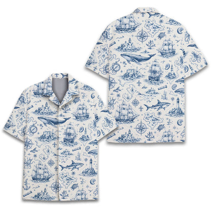 Nautical hawaiian shirt with blue ship and whale sketches on white background, front view