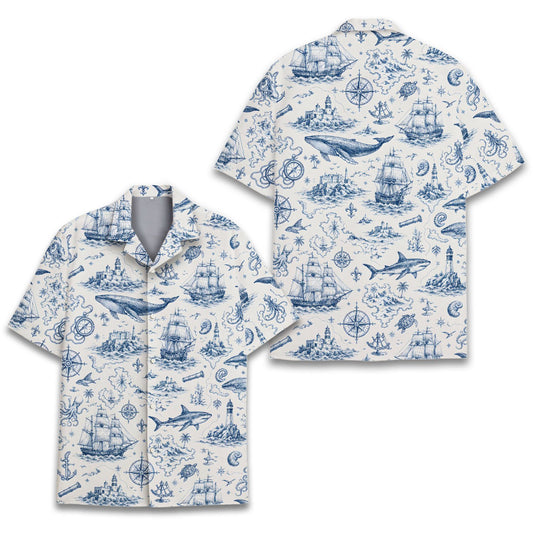 Nautical hawaiian shirt with blue ship and whale sketches on white background, main view