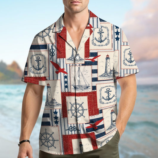 Main view of beige nautical hawaiian shirt for matching family hawaiian shirts