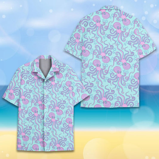 Nautical hawaiian shirt with light purple octopuses on a light blue background, front view