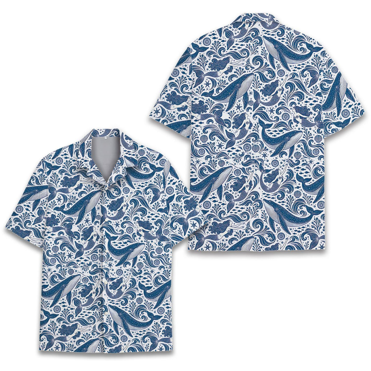 Front view of nautical hawaiian shirt with white and blue ocean pattern