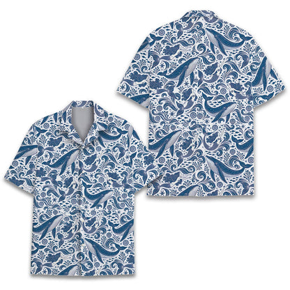 Nautical hawaiian shirt featuring blue whales and mermaids pattern, main view