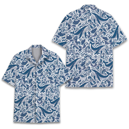 Nautical hawaiian shirt featuring blue whales and mermaids pattern, main view