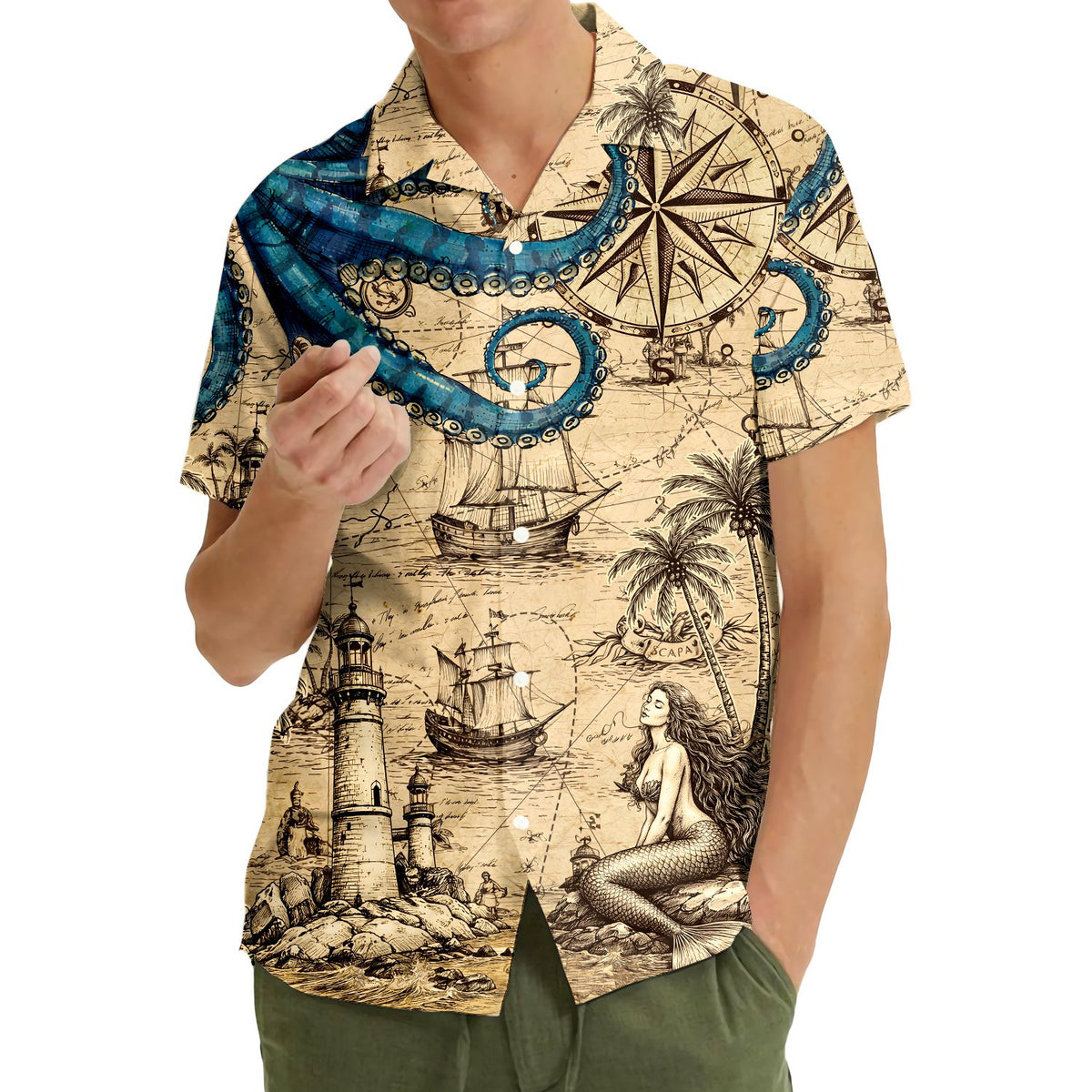 Second lifestyle view of the vintage nautical hawaiian shirt