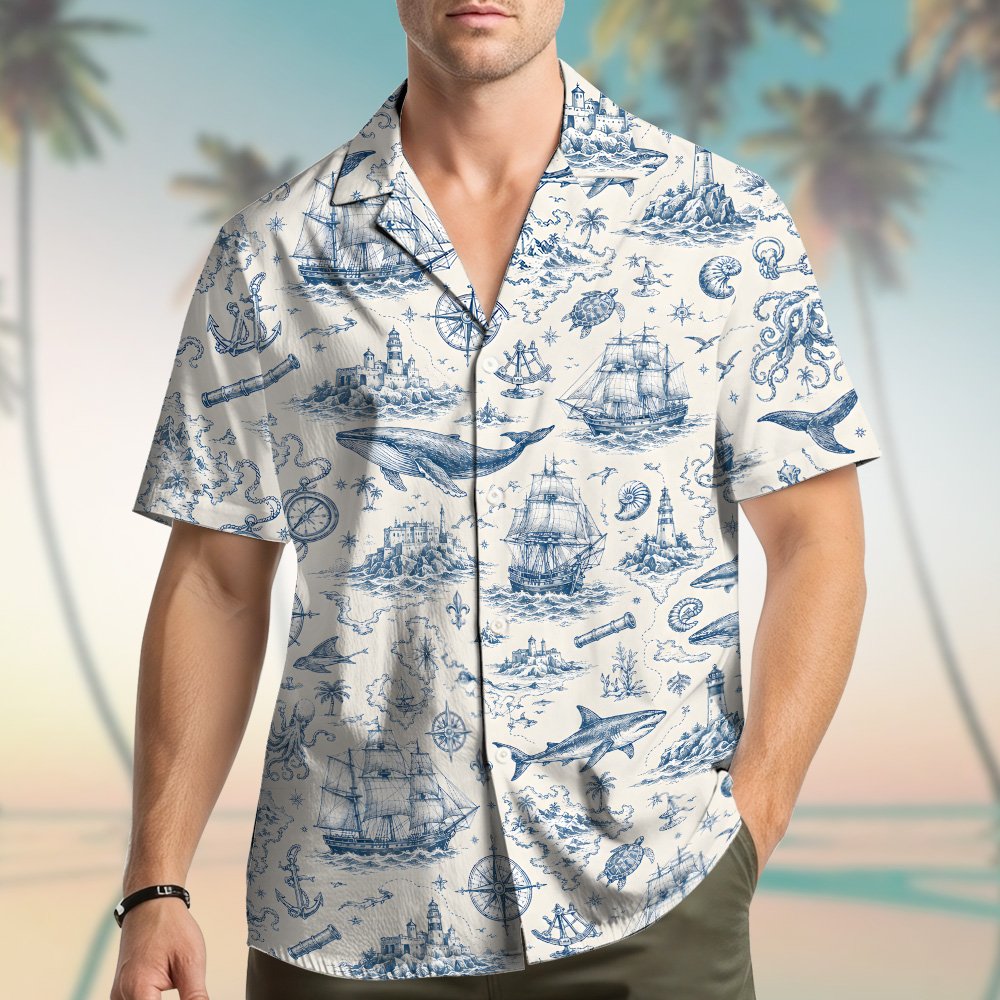 Lifestyle view of a person outdoors wearing the nautical hawaiian shirt
