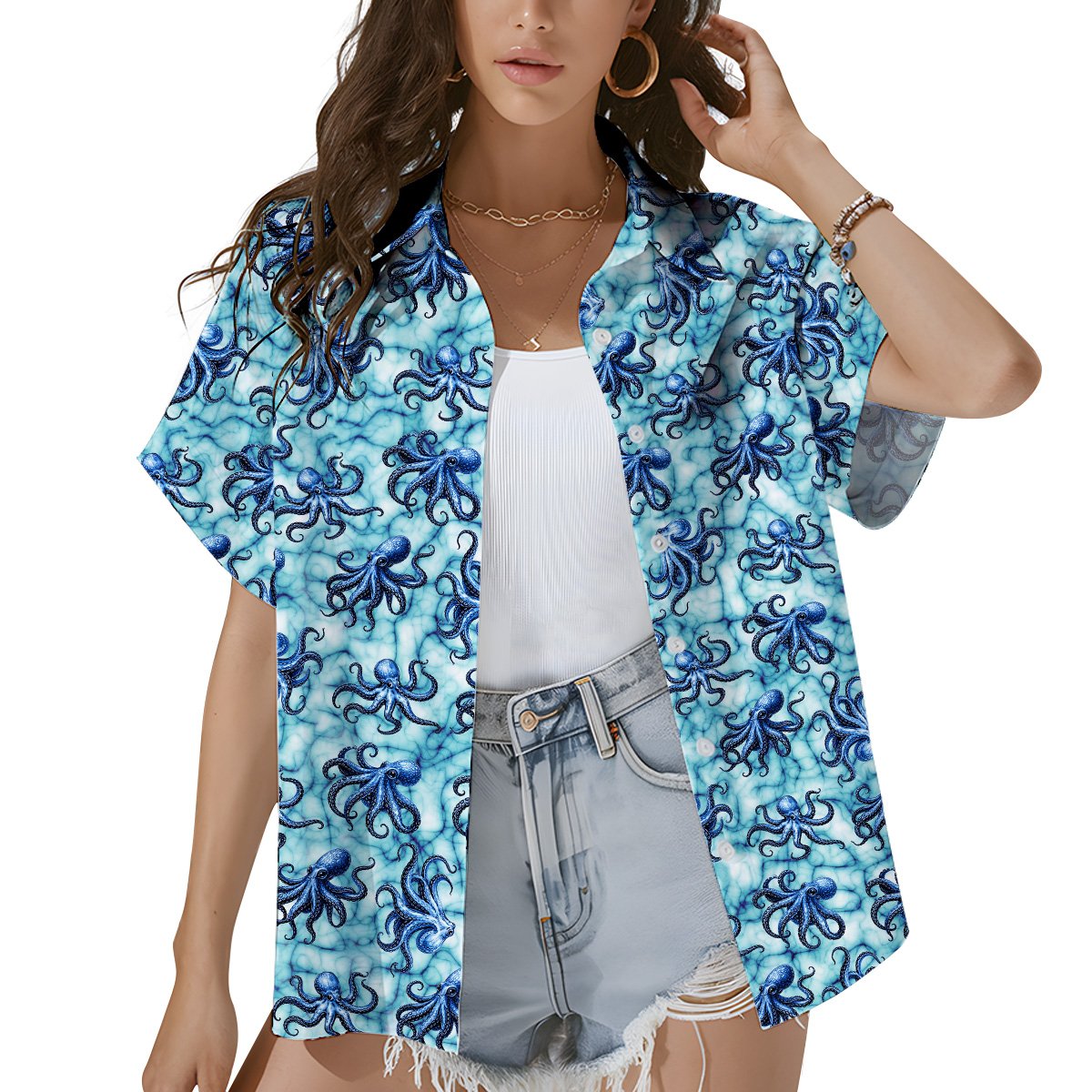 Second lifestyle view of the blue octopus hawaiian shirt