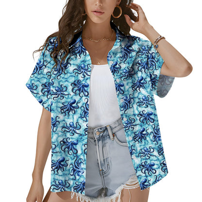 Second lifestyle view of the blue octopus hawaiian shirt