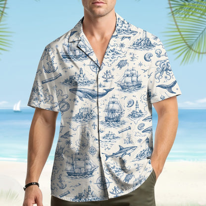 Another lifestyle view featuring the white and navy nautical hawaiian shirt