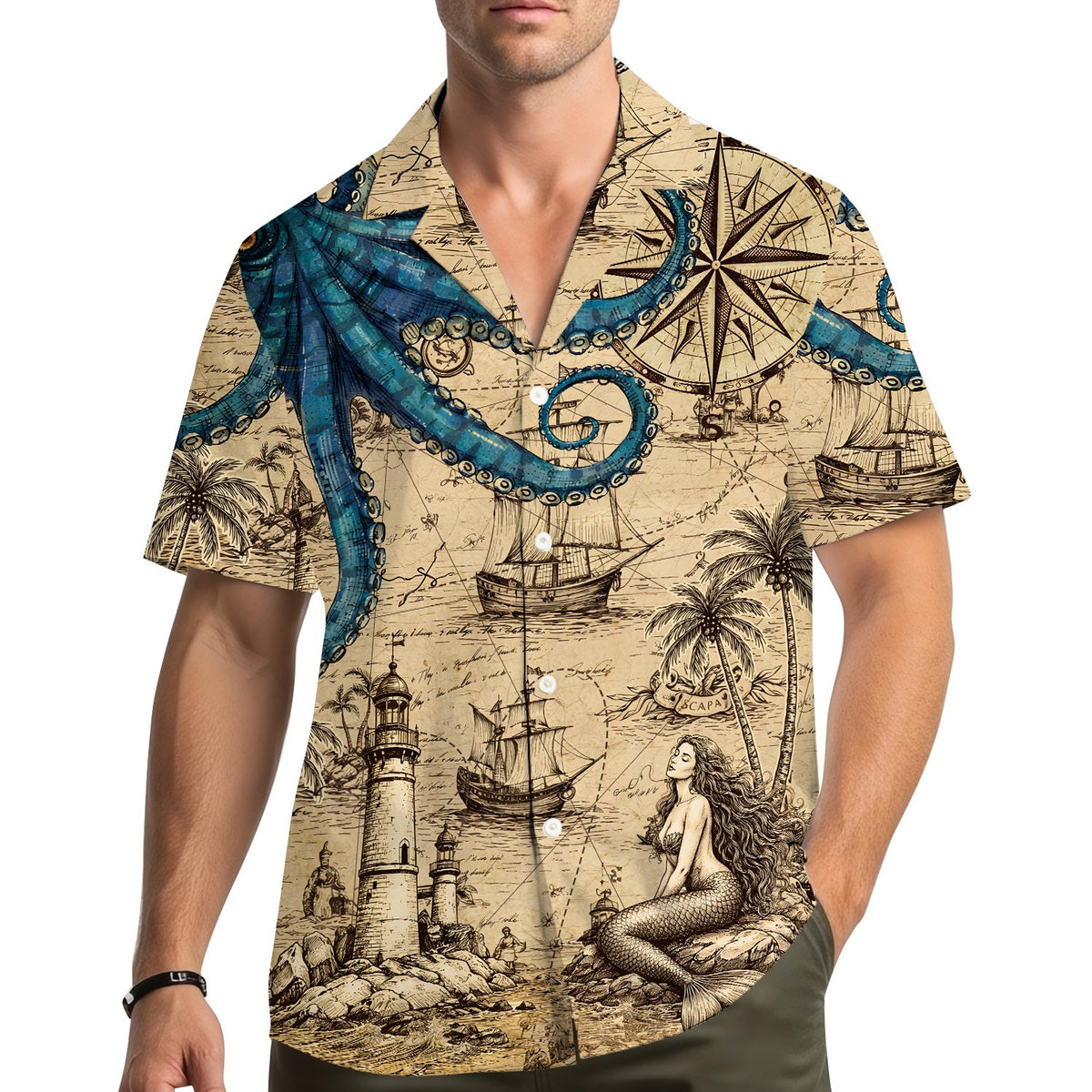Lifestyle view of an adult wearing the beige nautical hawaiian shirt