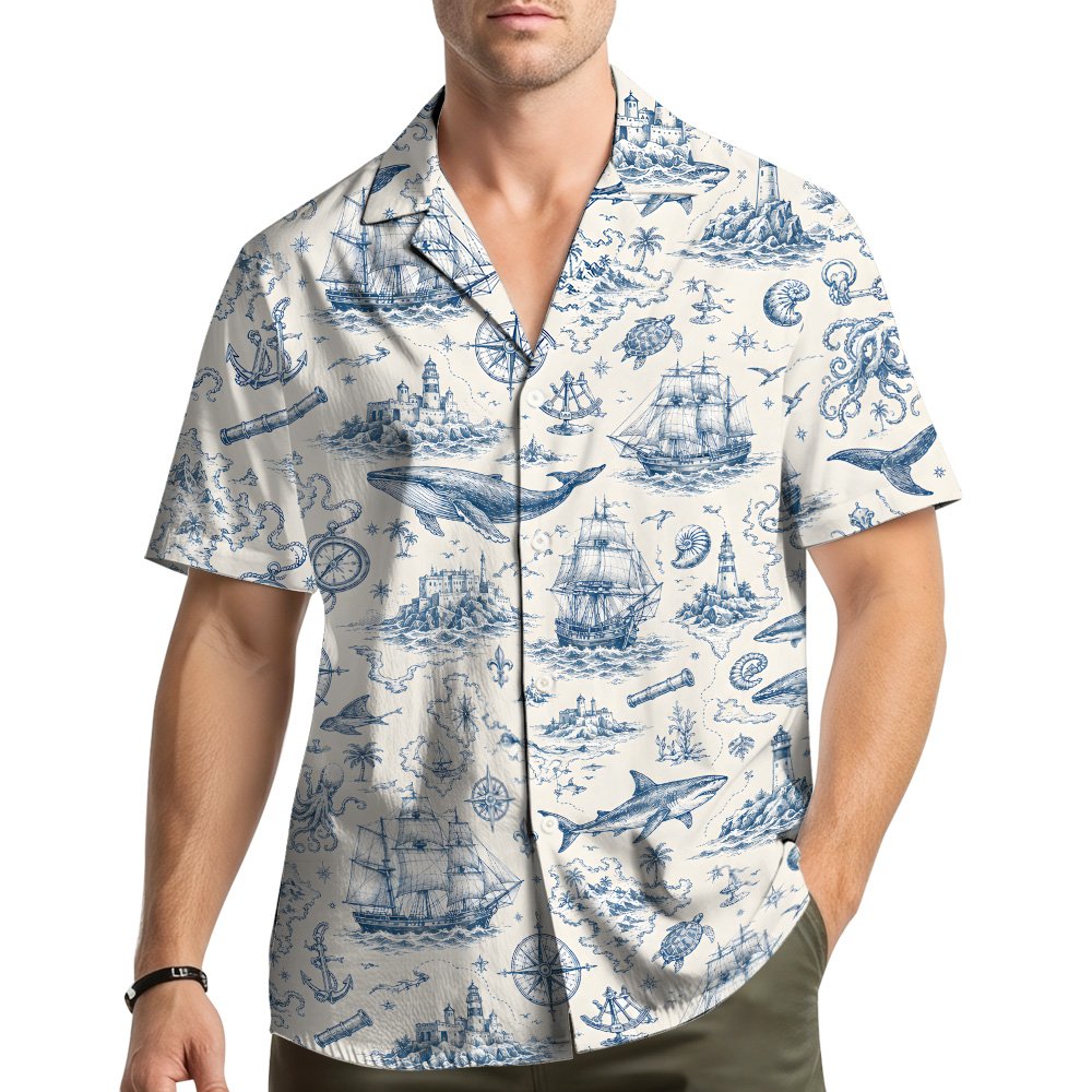 Lifestyle view of someone wearing a matching family hawaiian shirt with nautical pattern
