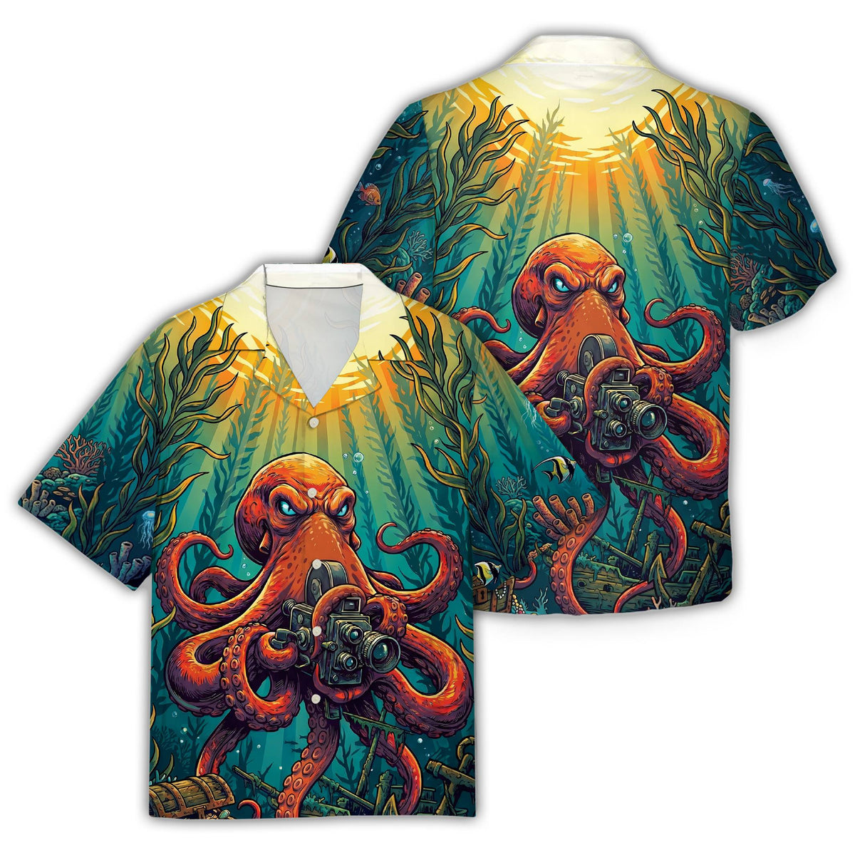 Main view of matching family nautical ocean hawaiian shirt with octopus design