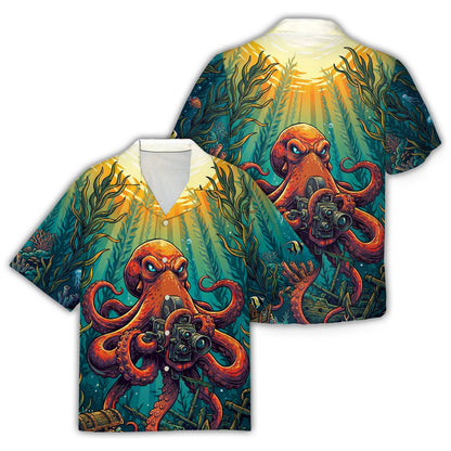 Front view of teal matching family hawaiian shirt featuring an octopus and vintage camera