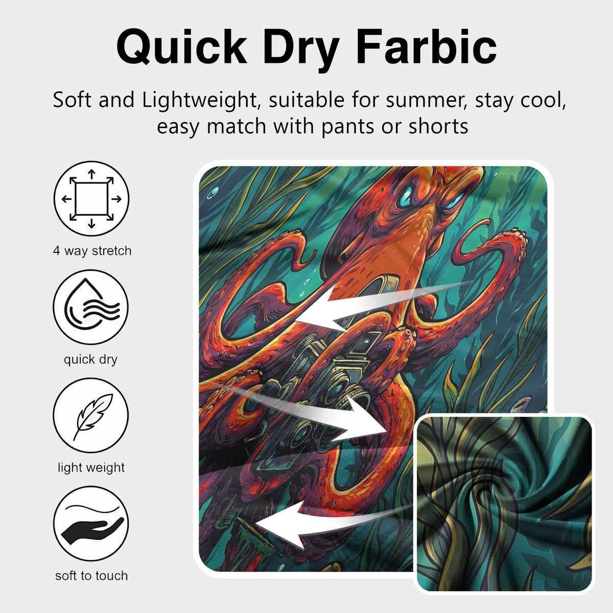 Close-up of the octopus photographer design on the hawaiian shirt