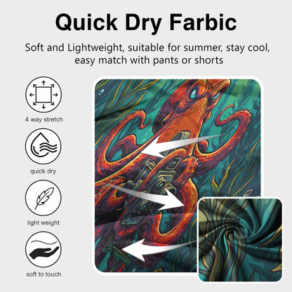 Close-up of the octopus photographer design on the hawaiian shirt