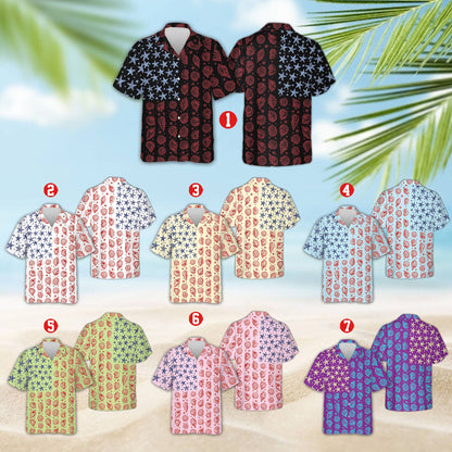 Main view of the nautical/patriotic hawaiian shirt featuring a starfish and seashell flag design