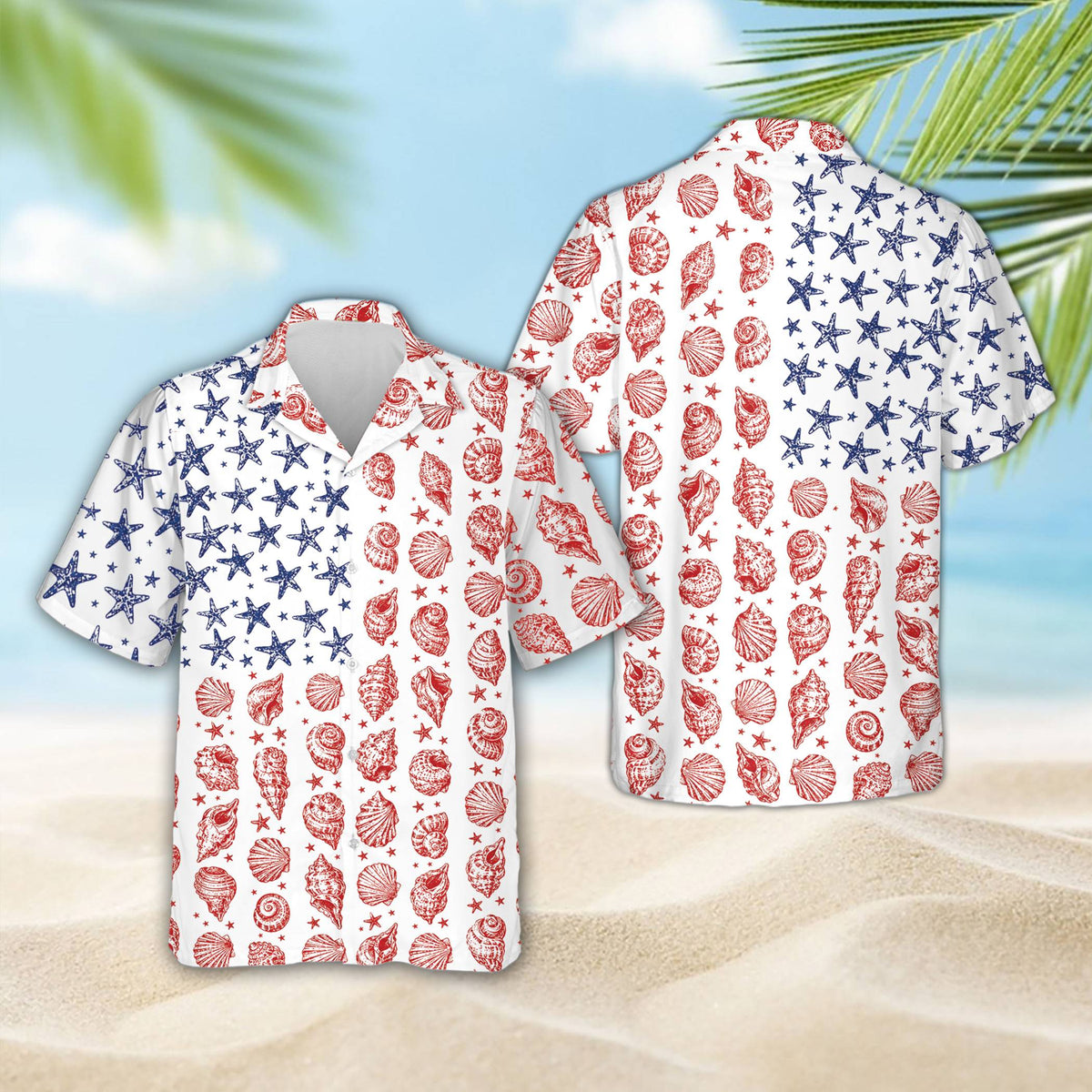 Front view showing detail of the starfish replacing stars on the nautical hawaiian shirt