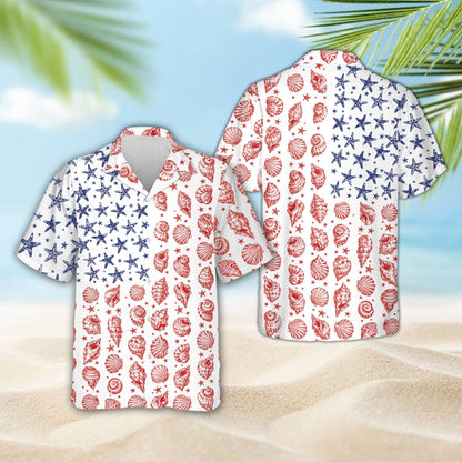 Front view showing detail of the starfish replacing stars on the nautical hawaiian shirt