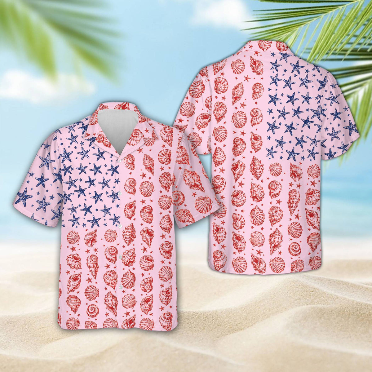 Front view highlighting the vertical rows of seashells on the patriotic hawaiian shirt