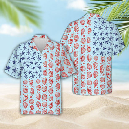 Front view of the coastal flag pattern on the multicolor hawaiian shirt