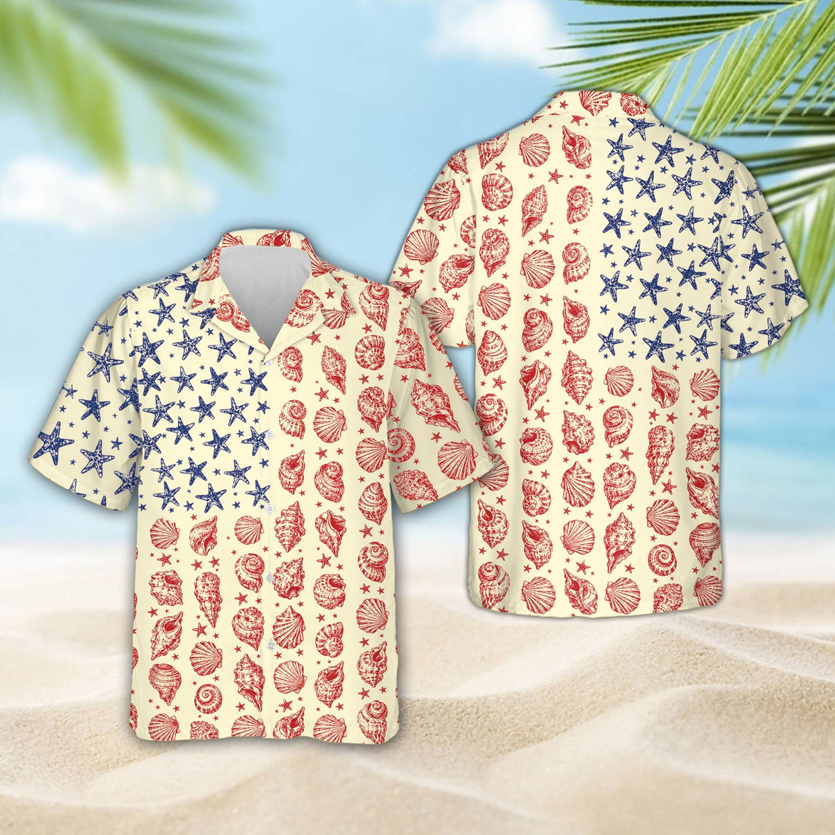 Front view showing the full seashell and starfish flag layout on the shirt