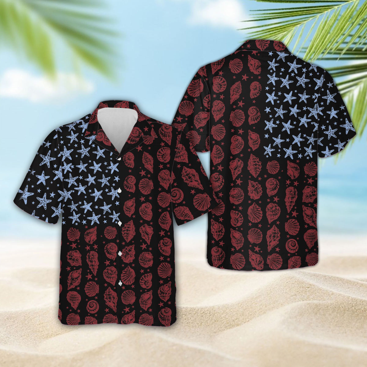 Front view of the button-down matching family hawaiian shirt with nautical patriotic design